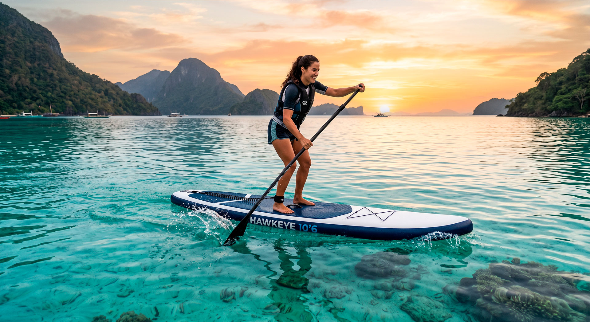 Mujer haciendo paddleboard al amanecer en las aguas tranquilas del Mar de Cortés